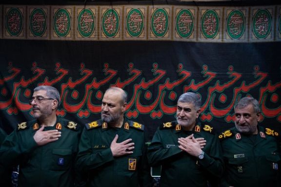 Senior Revolutionary Guards commanders attending the funeral of Gholamhossein Gharibpour, commander of Imam Ali security brigade, July 25, 2025