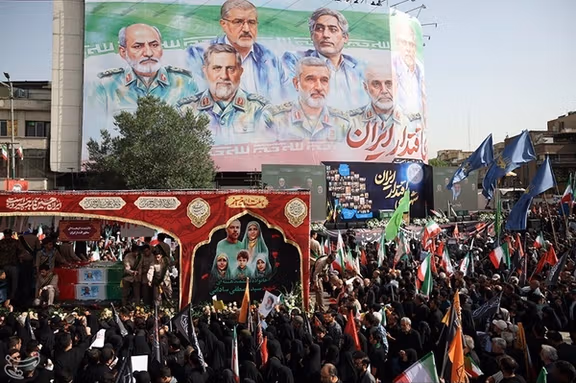 A mass funeral is held in Tehran for military officers, nuclear scientists and civilians including women and children killed in Israeli attacks, June, 28, 2025. 