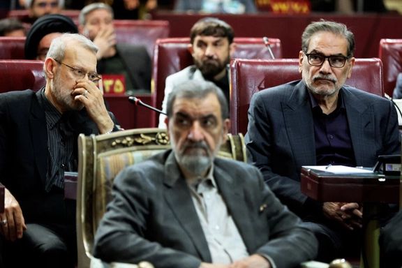 Three veterans of Iran's security establishment Ali Larijani (left), Ali Shamkhani (right), Mohsen Rezaei (front) at an event to mark the death of President Ebrahim Raisi, Tehran, Iran, May 31, 2025