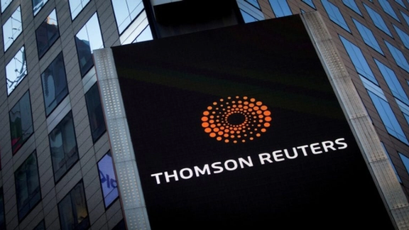 The Thomson Reuters logo is seen on the company building in Times Square, New York.